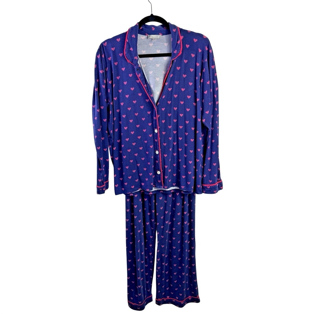 JCrew Women's PJ Set Knit Medium Long Sleeve With Pants Blue with Red Hearts